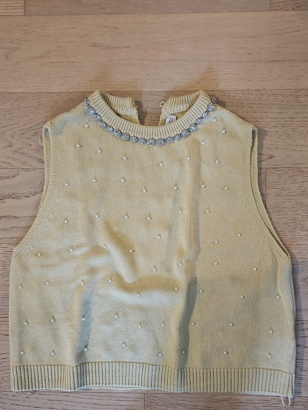 Zara Pale Yellow Pearl & Crystal Sleeveless Turtleneck Sweater